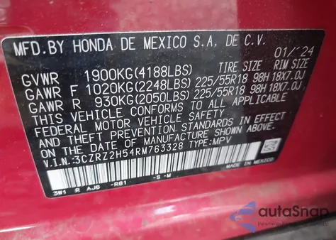 2024 Honda Hr-V Awd Sport/Awd Sport W/O Bsi from USA, damaged, VIN 3CZRZ2H54RM763328